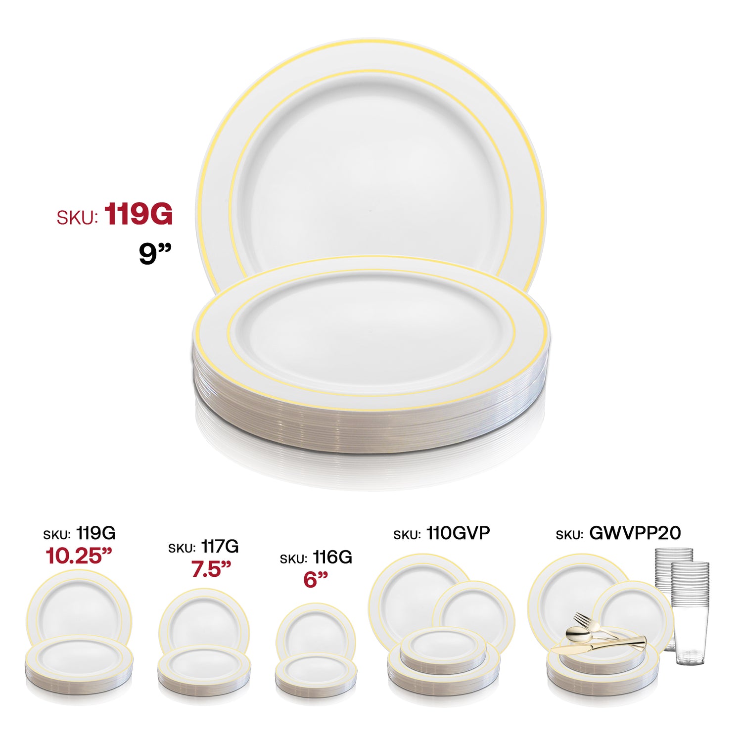 White with Gold Edge Rim Plastic Buffet Plates (9") SKU | The Kaya Collection
