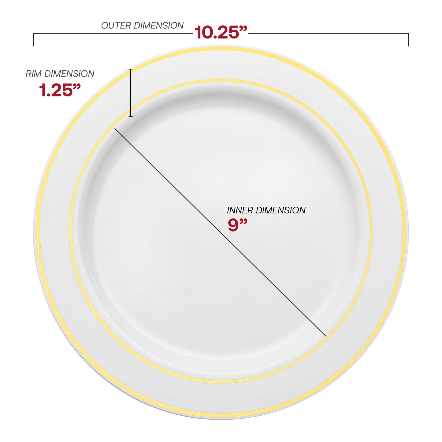 White with Gold Edge Rim Plastic Dinner Plates (10.25") Dimension | Smarty Had A Party