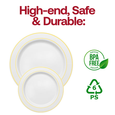 White with Gold Edge Rim Plastic Pastry Plates BPA | The Kaya Collection