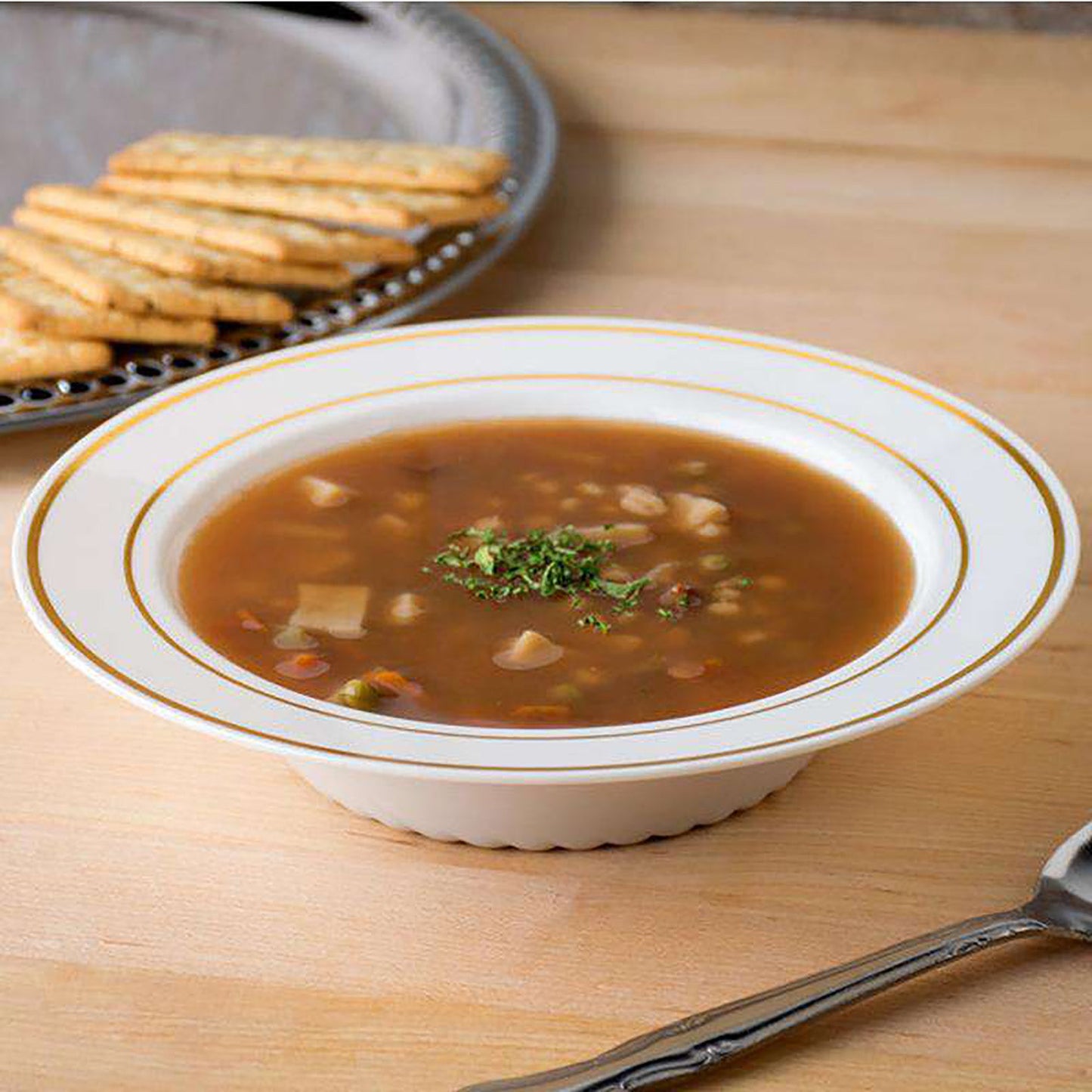 White with Gold Edge Rim Disposable Plastic Soup Bowls (12 oz.)