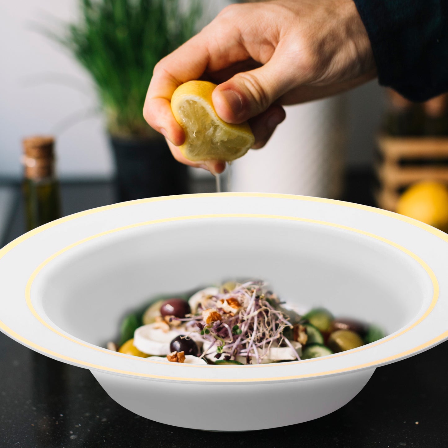 White with Gold Edge Rim Disposable Plastic Soup Bowls (12 oz.)