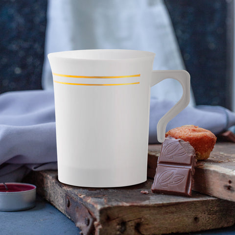 8 oz. White with Gold Edge Rim Round Disposable Plastic Coffee Mugs