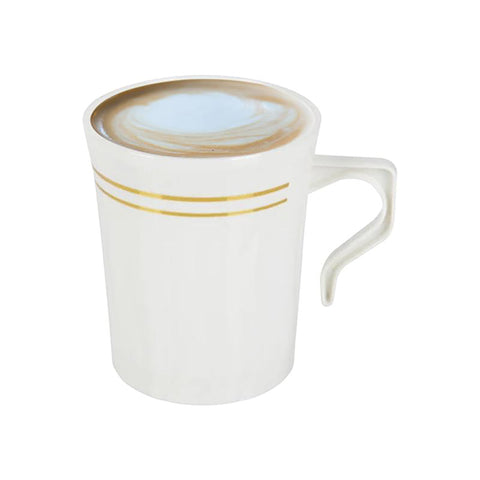 8 oz. White with Gold Edge Rim Round Disposable Plastic Coffee Mugs
