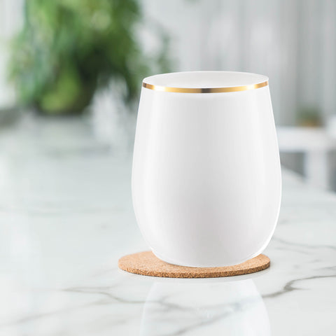 12 oz. White with Gold Elegant Stemless Disposable Plastic Wine Glasses