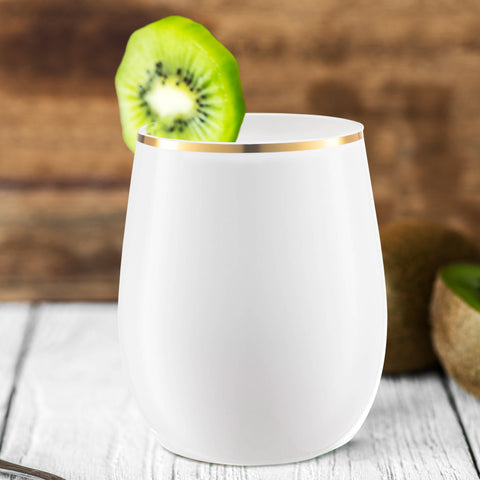 12 oz. White with Gold Elegant Stemless Disposable Plastic Wine Glasses