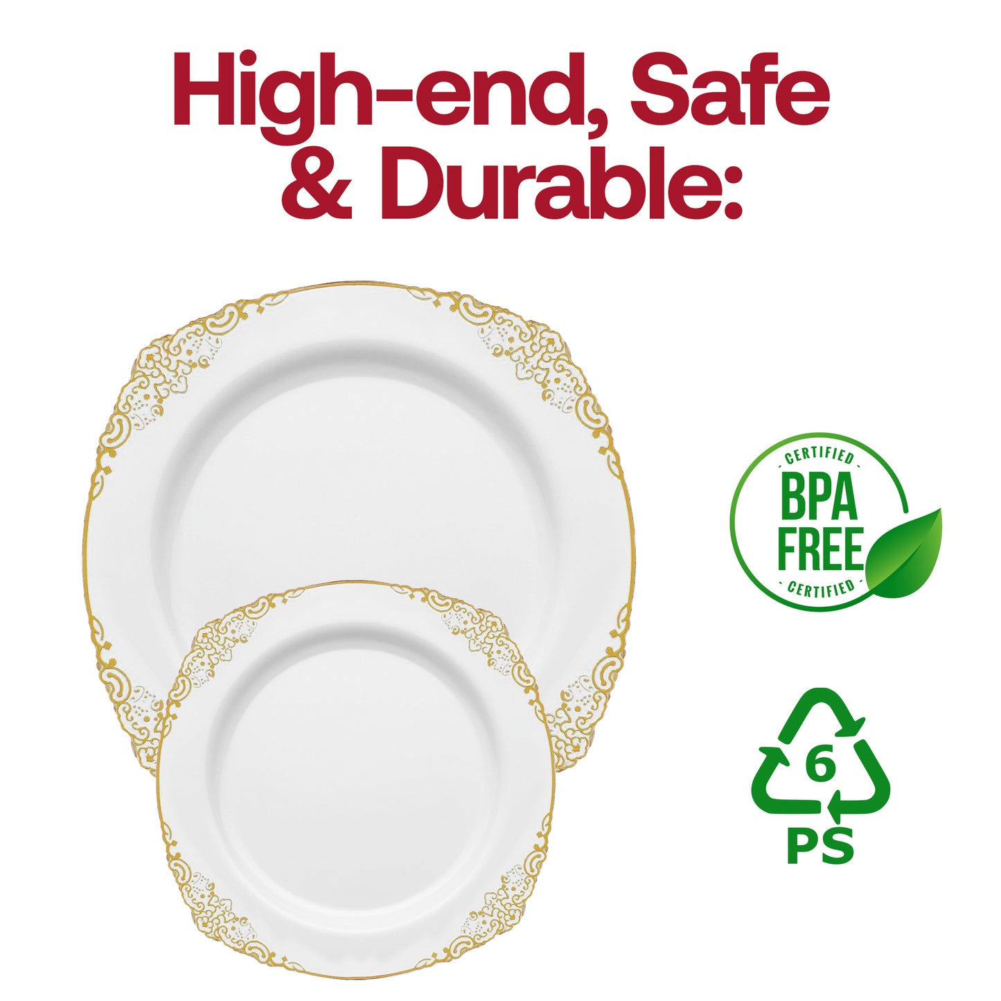 White with Gold Fancy Round Plastic Dinner Plates (10.25”)