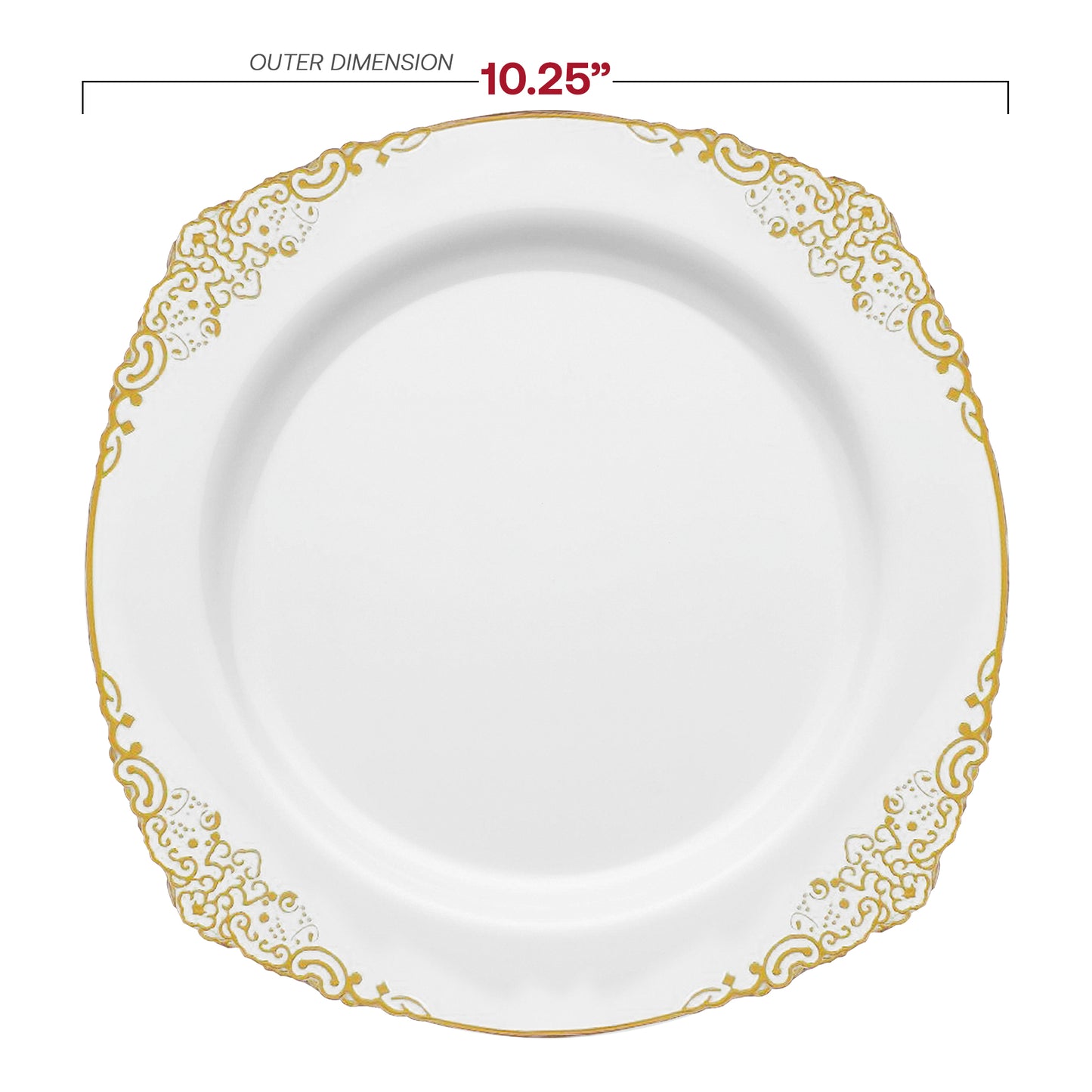 White with Gold Fancy Round Plastic Dinner Plates (10.25”)