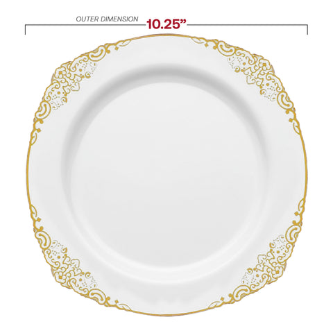 White with Gold Fancy Round Plastic Dinner Plates (10.25”)