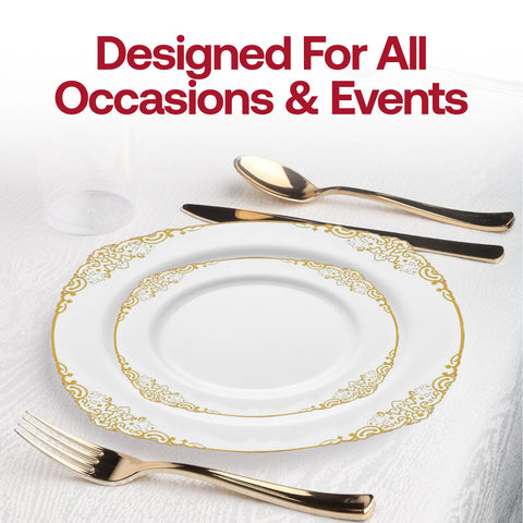 White with Gold Fancy Round Plastic Dinner Plates (10.25”)