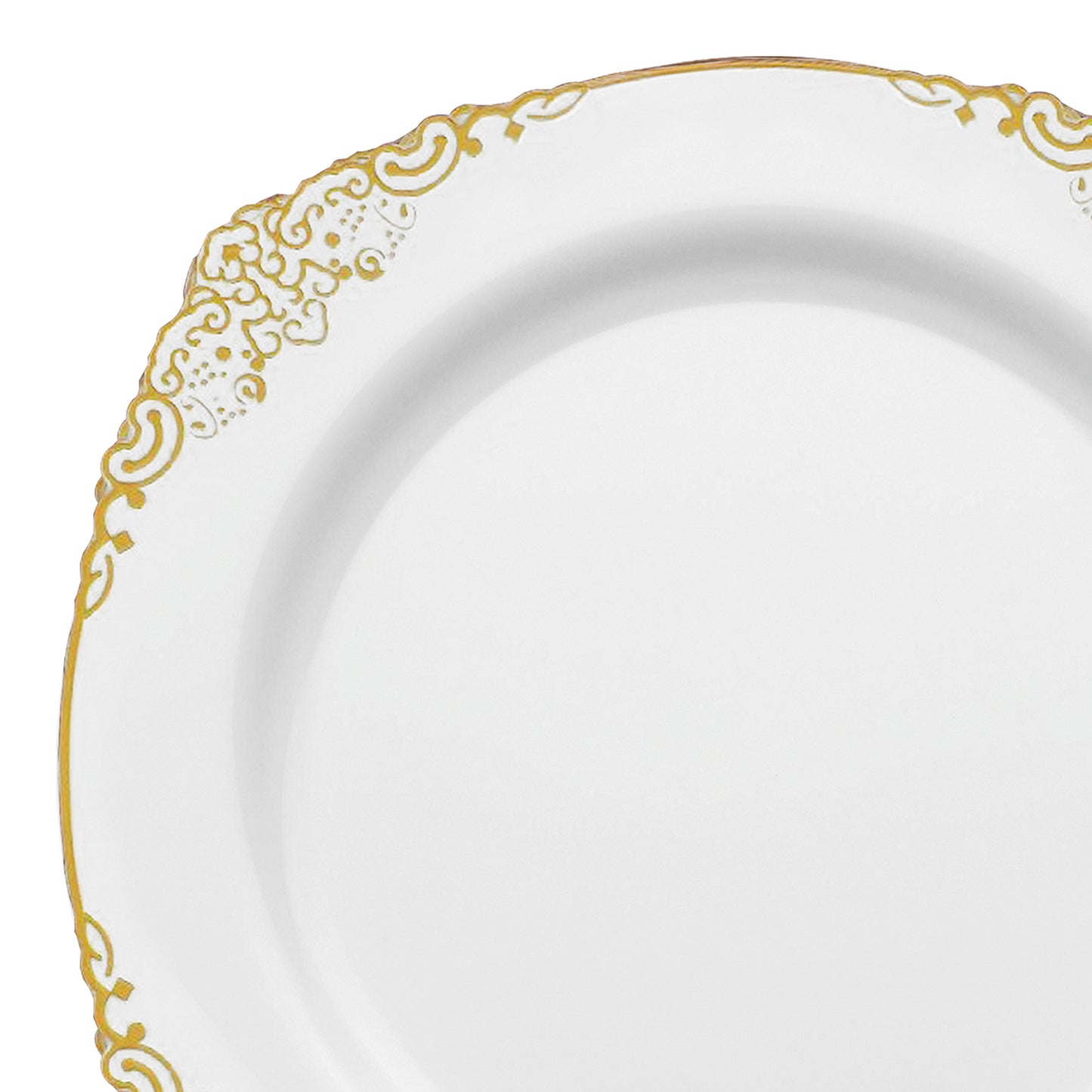 White with Gold Fancy Round Plastic Dinner Plates (10.25”)