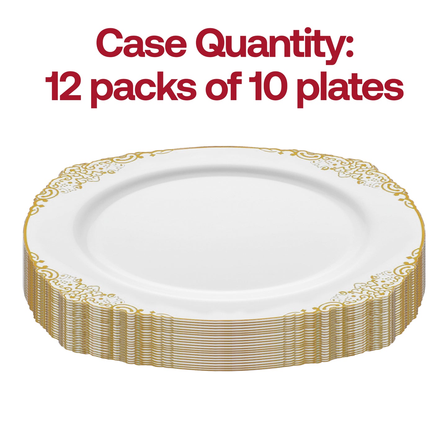 White with Gold Fancy Round Plastic Dinner Plates (10.25”)