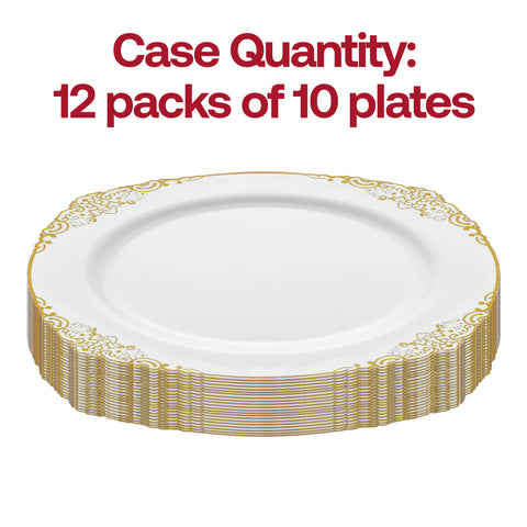 White with Gold Fancy Round Plastic Dinner Plates (10.25”)