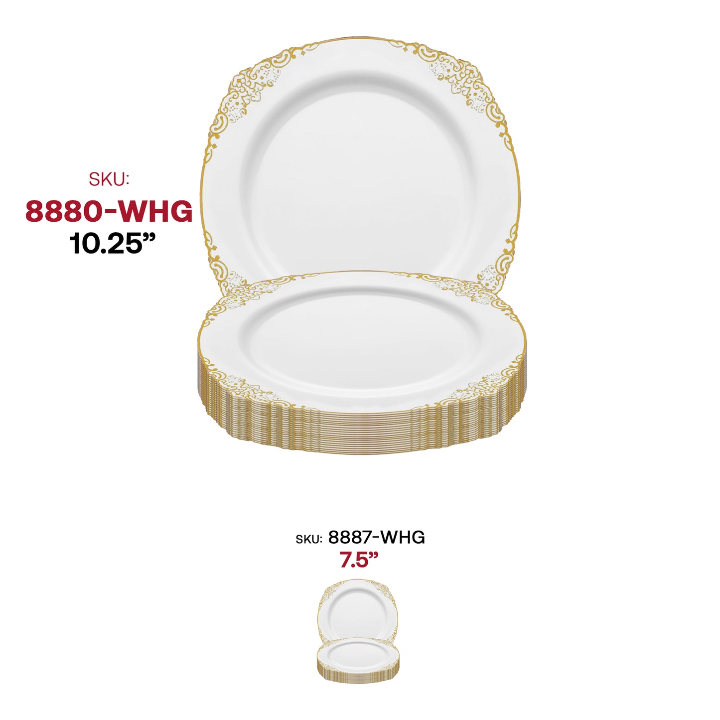 White with Gold Fancy Round Plastic Dinner Plates (10.25”)