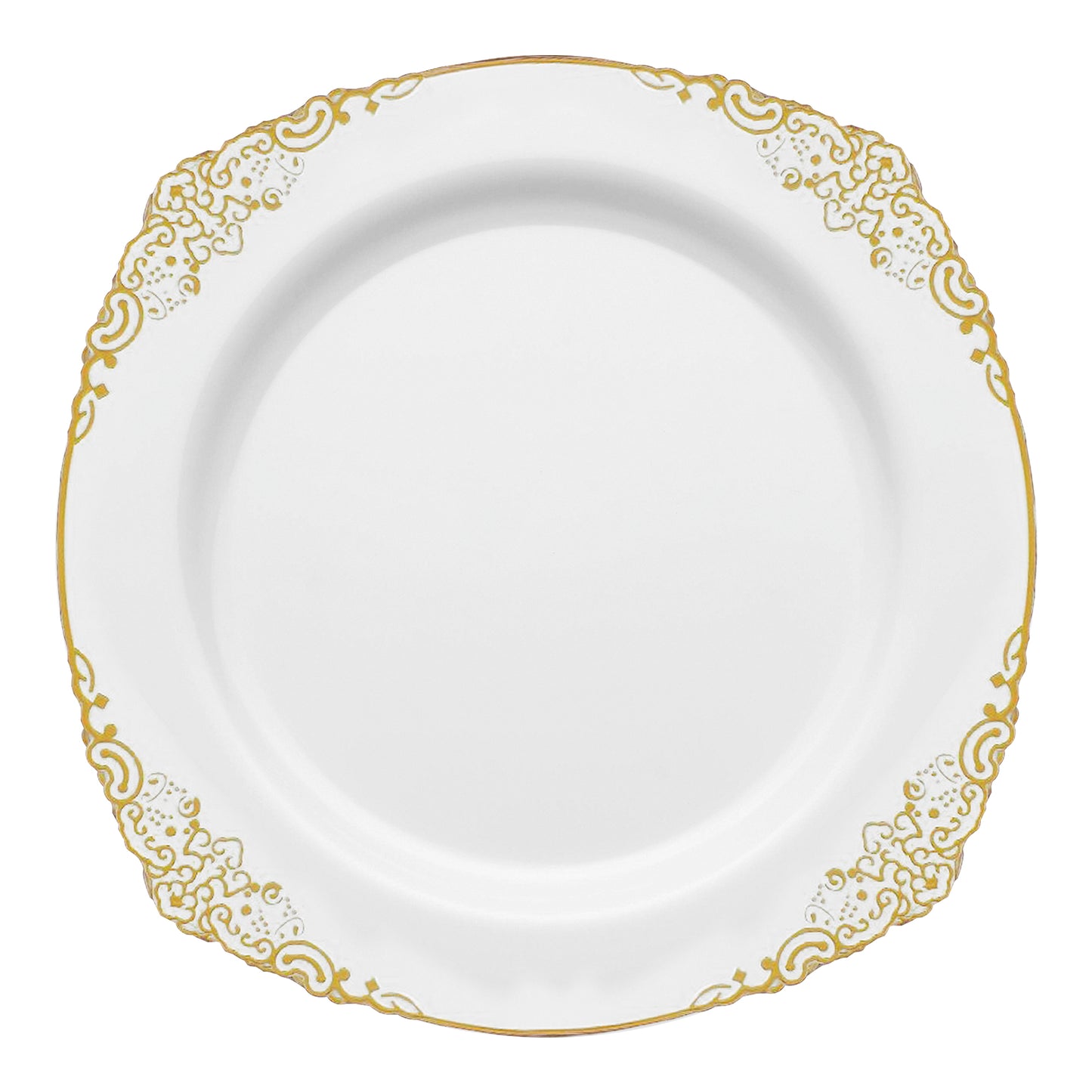 White with Gold Fancy Round Plastic Dinner Plates (10.25”)