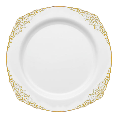 White with Gold Fancy Round Plastic Dinner Plates (10.25”)