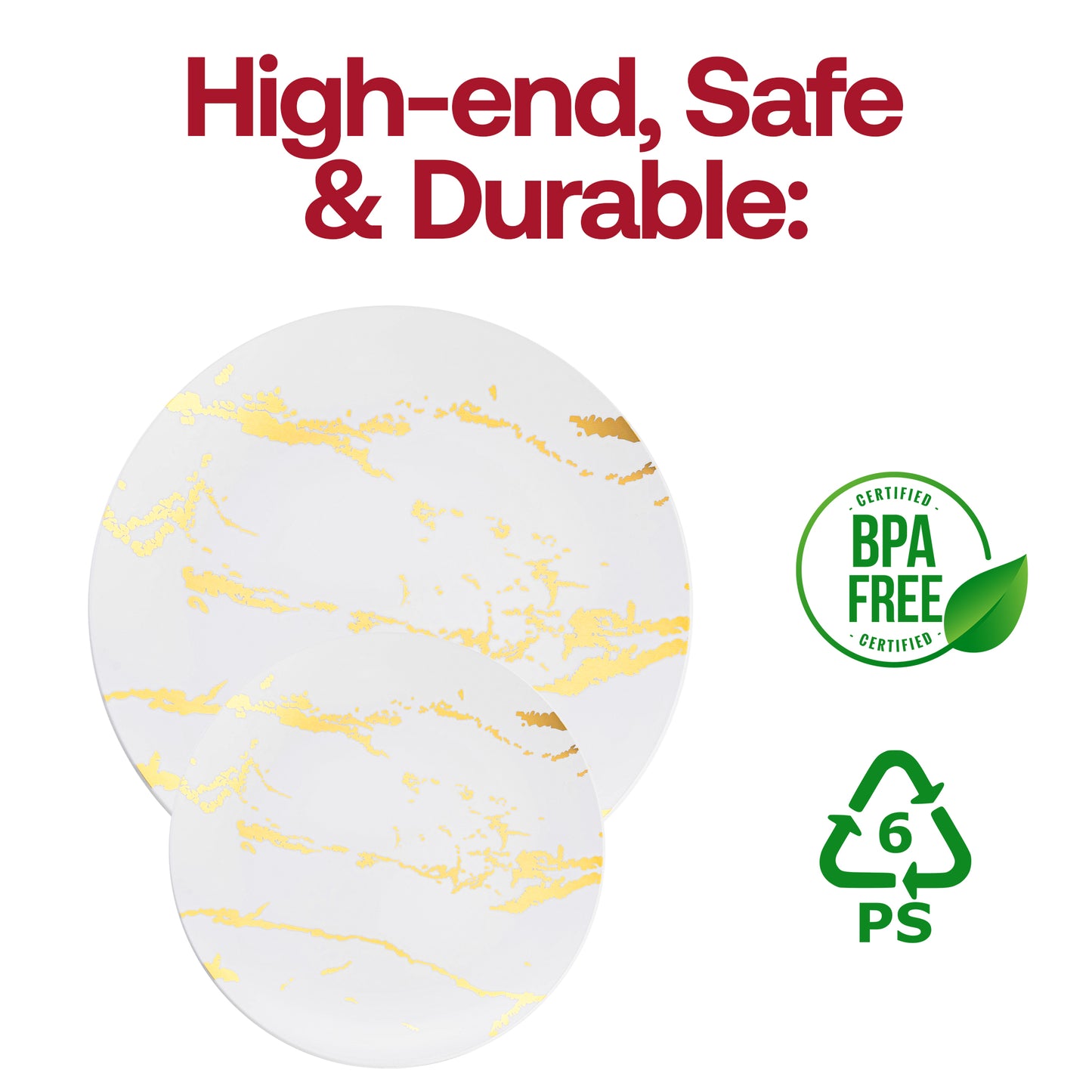 White with Gold Marble Stroke Round Disposable Plastic Appetizer/Salad Plates (7.5") BPA | The Kaya Collection