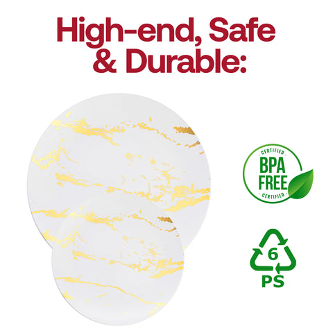 White with Gold Marble Stroke Round Disposable Plastic Appetizer/Salad Plates (7.5
