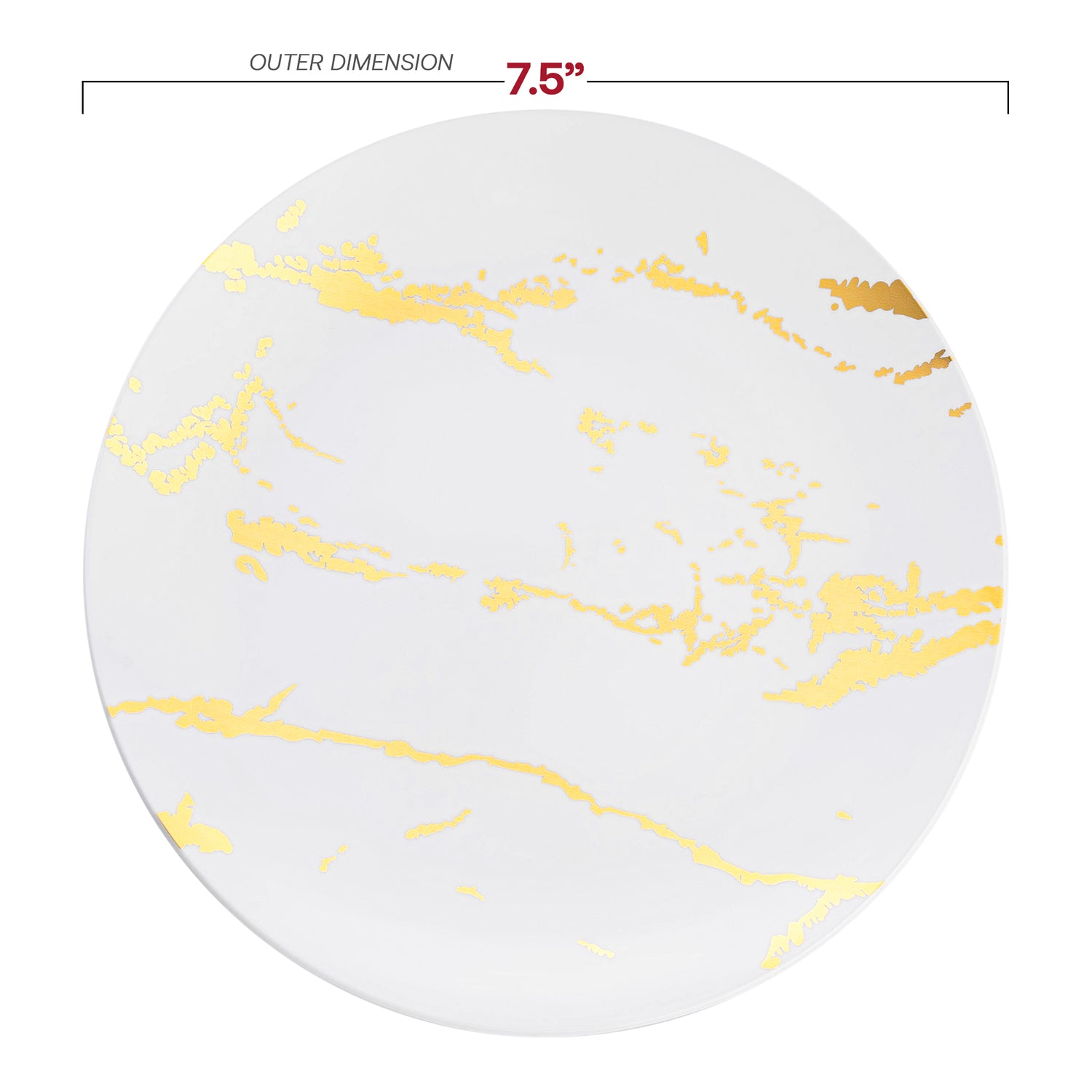 White with Gold Marble Stroke Round Disposable Plastic Appetizer/Salad Plates (7.5") Dimension | The Kaya Collection