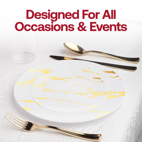 White with Gold Marble Stroke Round Disposable Plastic Appetizer/Salad Plates (7.5
