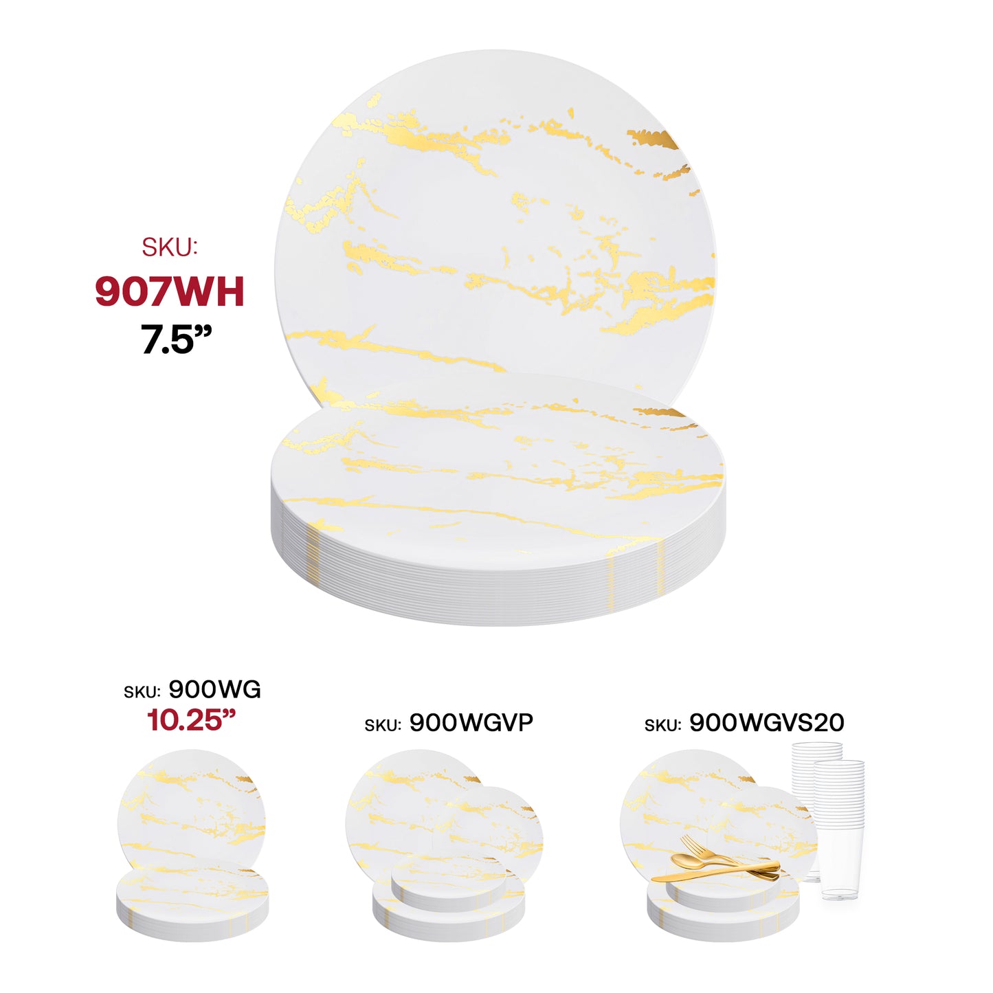 White with Gold Marble Stroke Round Disposable Plastic Appetizer/Salad Plates (7.5") SKU | The Kaya Collection