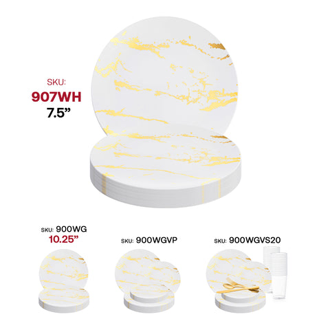White with Gold Marble Stroke Round Disposable Plastic Appetizer/Salad Plates (7.5