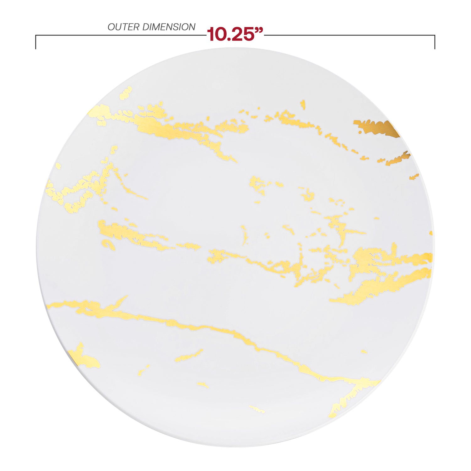 White with Gold Marble Stroke Round Disposable Plastic Dinner Plates (10.25") Dimension | The Kaya Collection