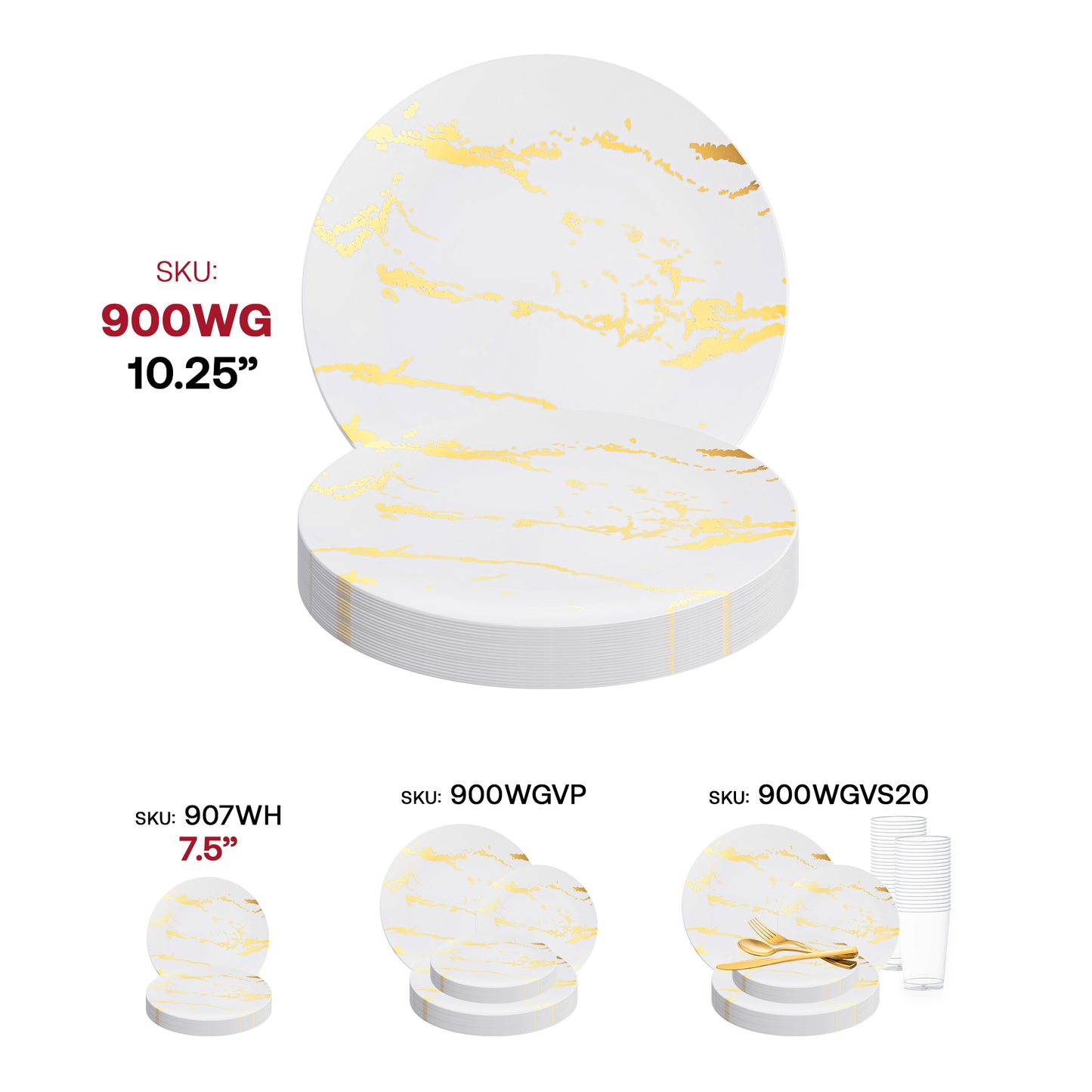 White with Gold Marble Stroke Round Disposable Plastic Dinner Plates (10.25") SKU | The Kaya Collection