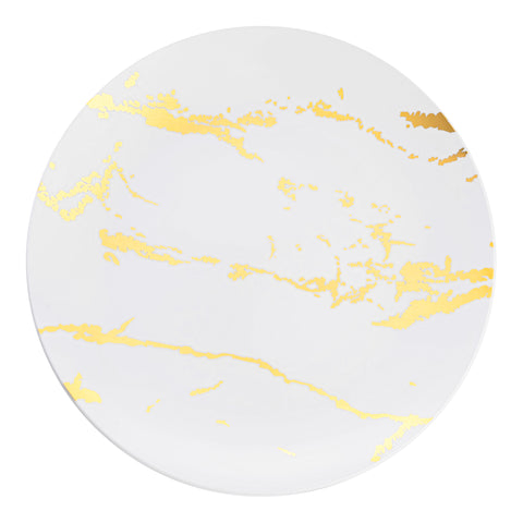 White with Gold Marble Stroke Round Disposable Plastic Dinner Plates (10.25