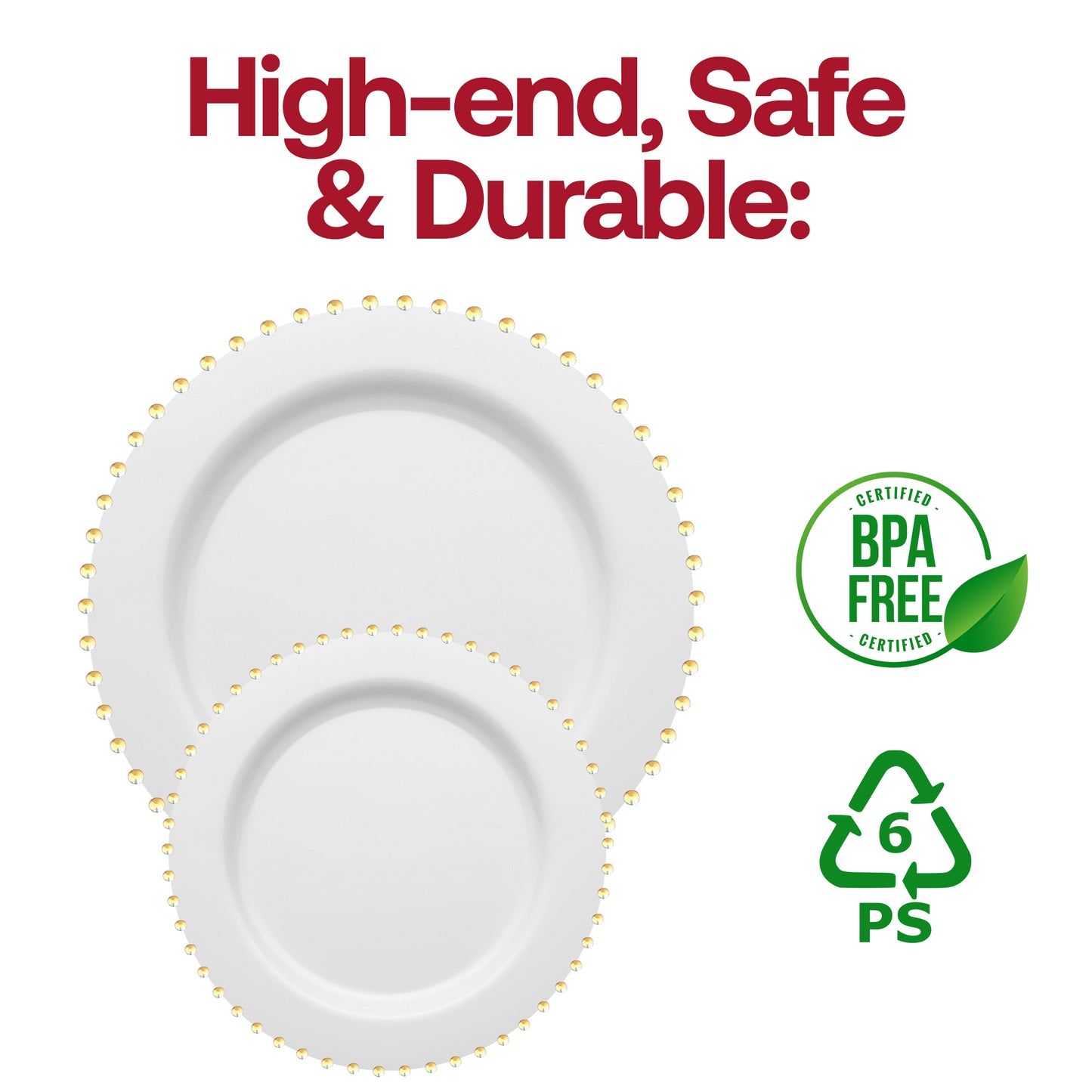 White with Gold Pearl String Round Plastic Dinner Plates (10”)