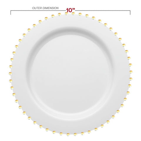 White with Gold Pearl String Round Plastic Dinner Plates (10”)