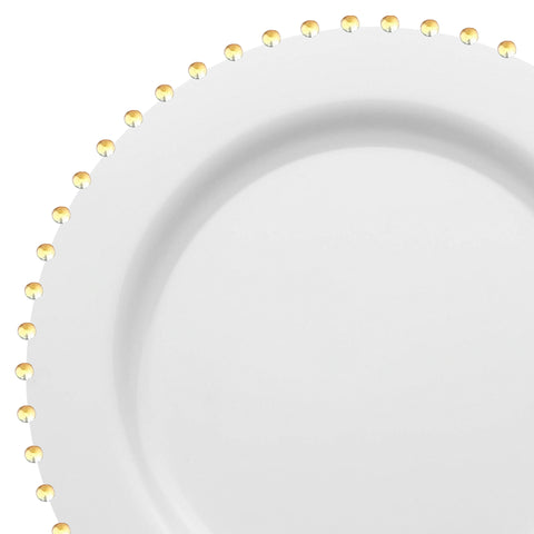 White with Gold Pearl String Round Plastic Dinner Plates (10”)
