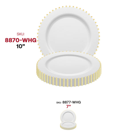White with Gold Pearl String Round Plastic Dinner Plates (10”)