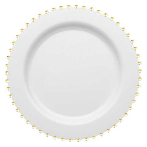 White with Gold Pearl String Round Plastic Dinner Plates (10”)