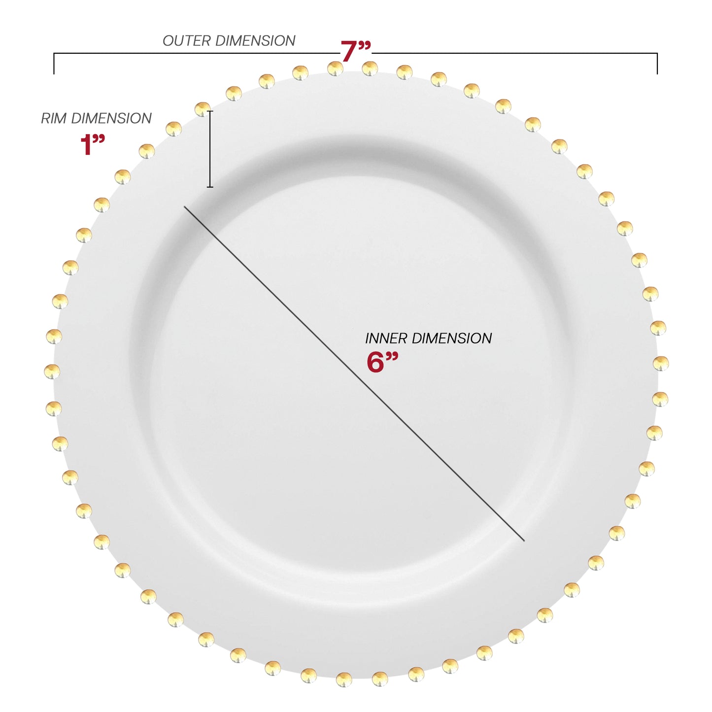 White with Gold Pearl String Round Plastic Salad Plates (7”)