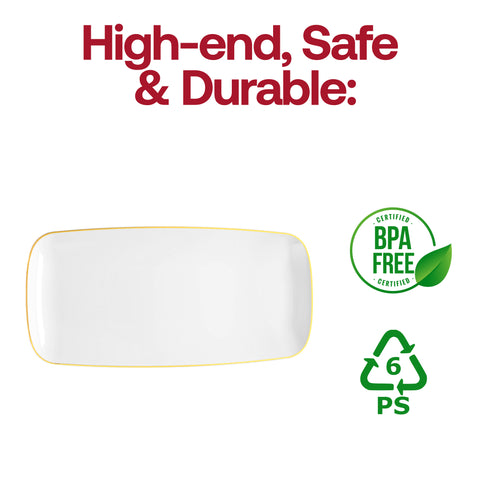 White with Gold Rim Flat Raised Edge Rectangular Plastic Plates (10.6