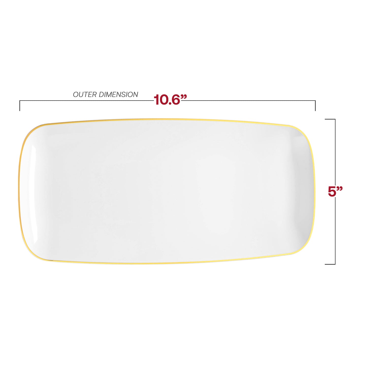 White with Gold Rim Flat Raised Edge Rectangular Plastic Plates (10.6" x 5")
