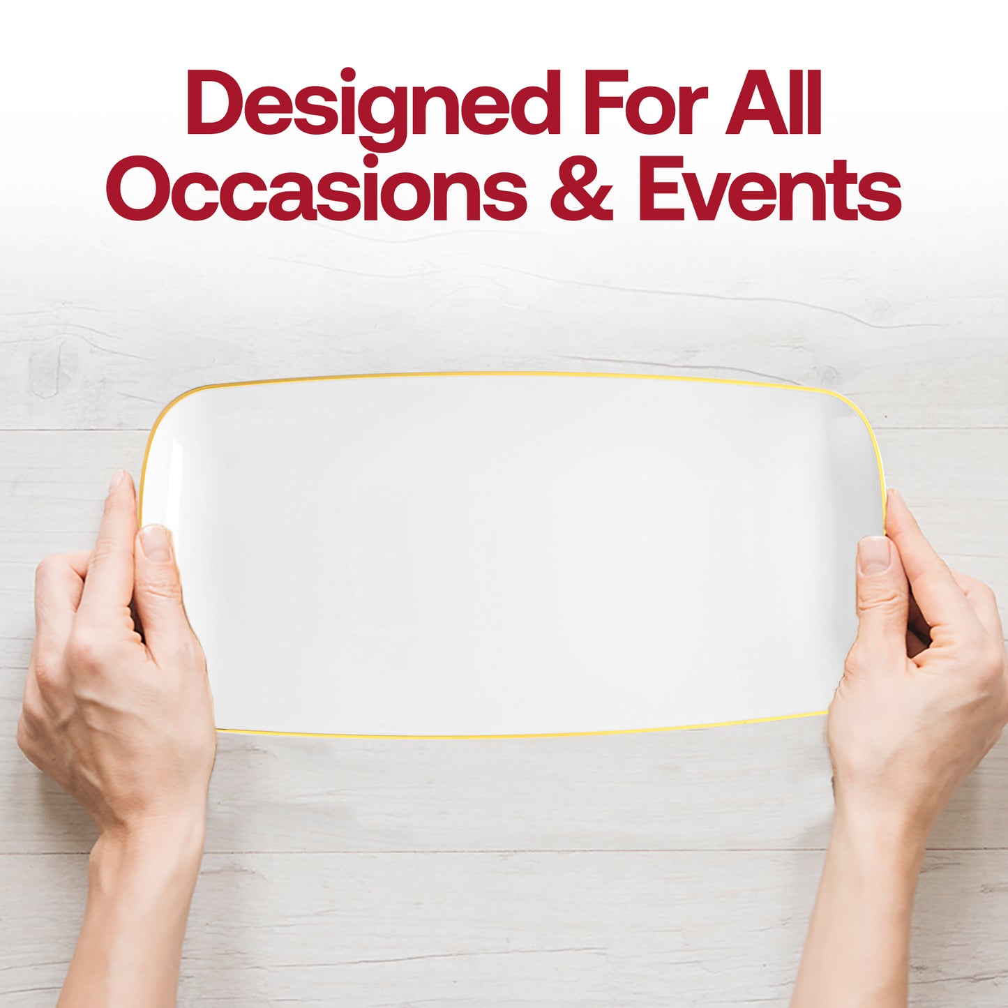 White with Gold Rim Flat Raised Edge Rectangular Plastic Plates (10.6" x 5")