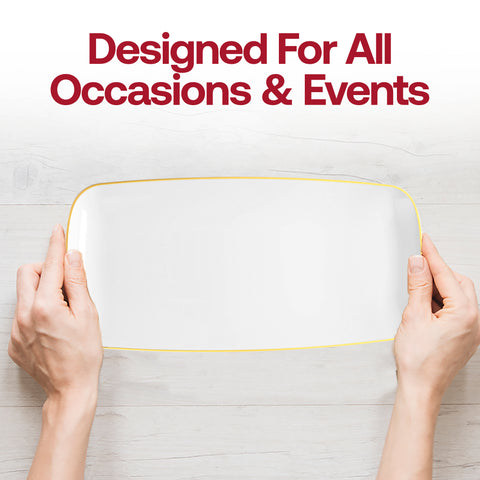 White with Gold Rim Flat Raised Edge Rectangular Plastic Plates (10.6