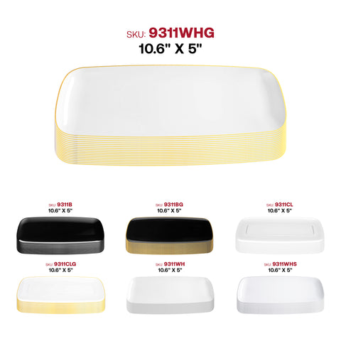 White with Gold Rim Flat Raised Edge Rectangular Plastic Plates (10.6