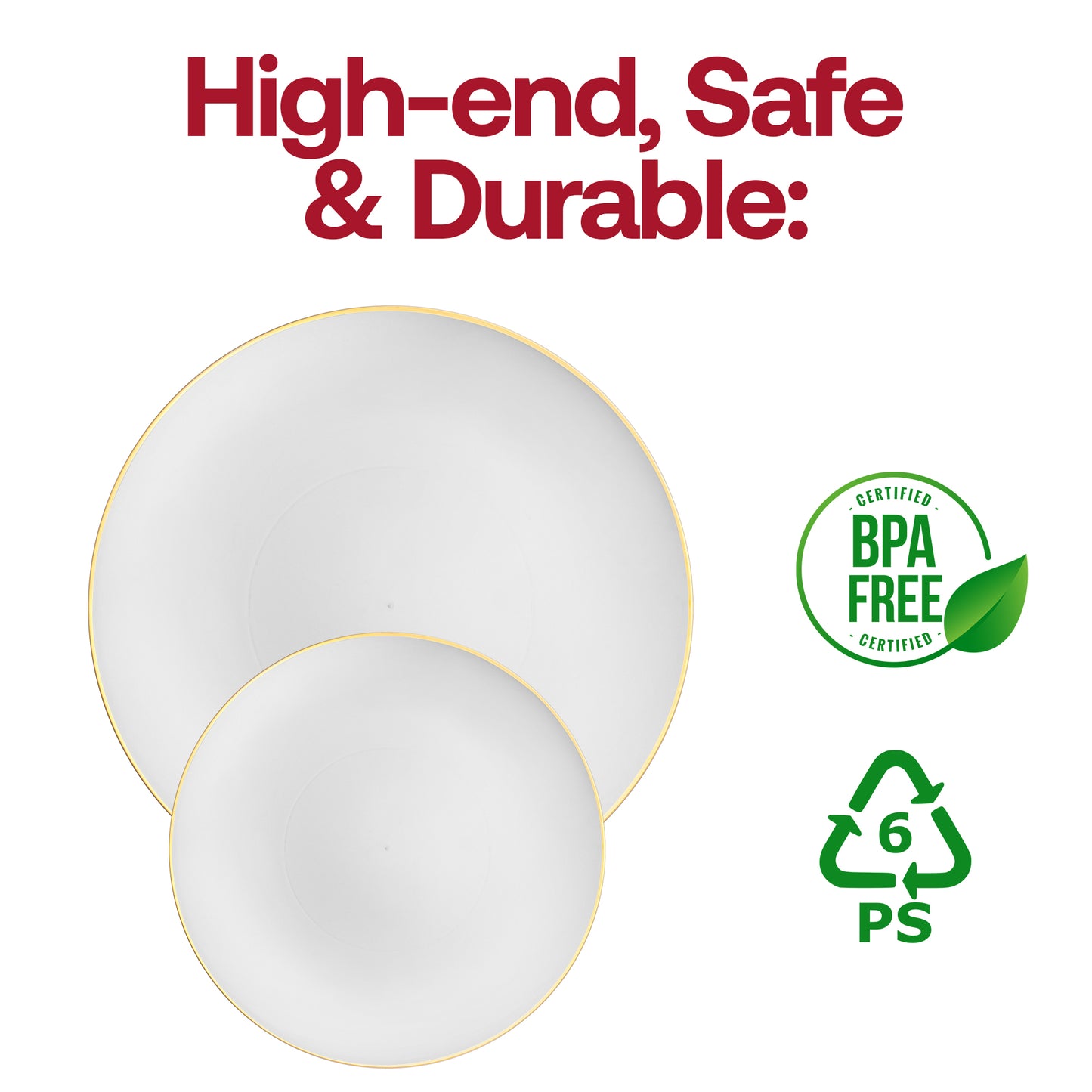 White with Gold Rim Organic Round Disposable Plastic Appetizer/Salad Plates (7.5") BPA | The Kaya Collection