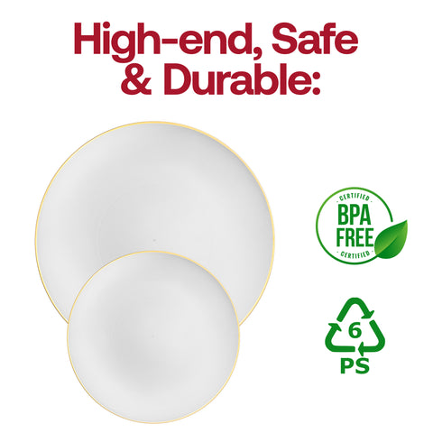 White with Gold Rim Organic Round Disposable Plastic Appetizer/Salad Plates (7.5