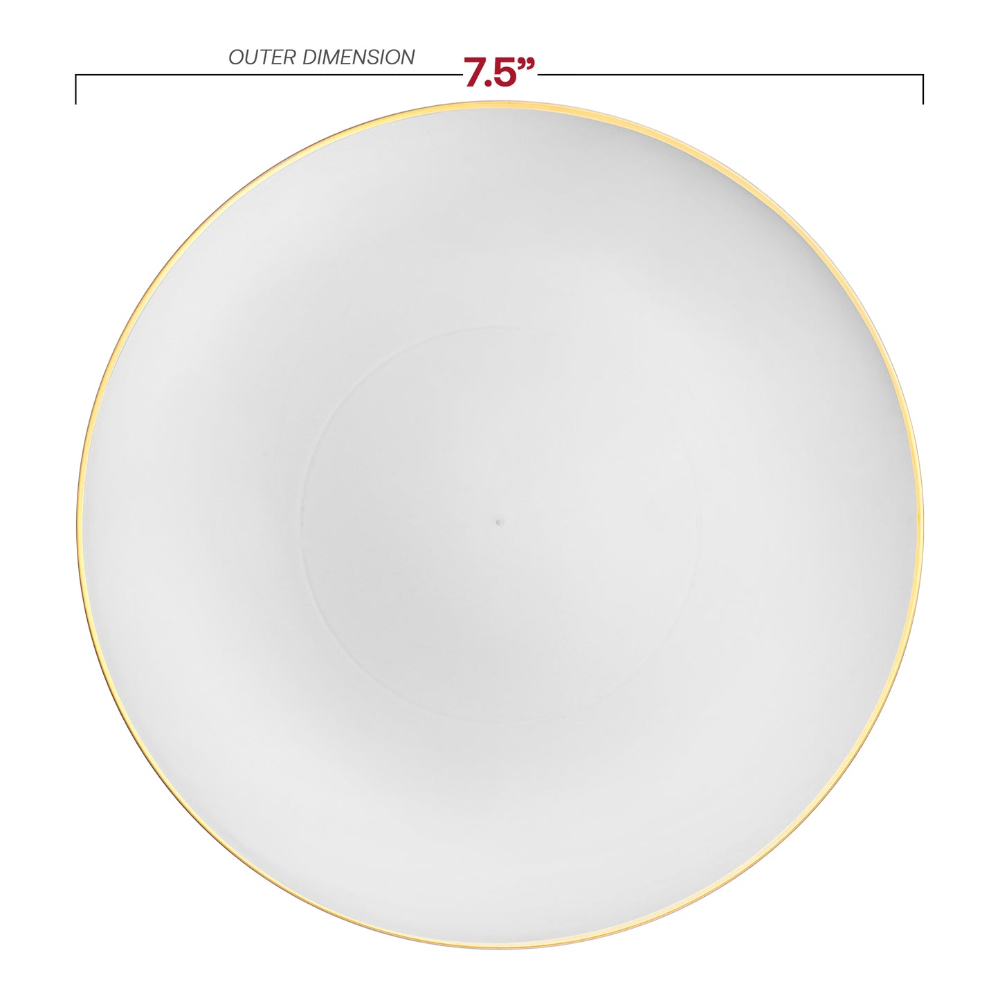 White with Gold Rim Organic Round Disposable Plastic Appetizer/Salad Plates (7.5") Dimension | The Kaya Collection