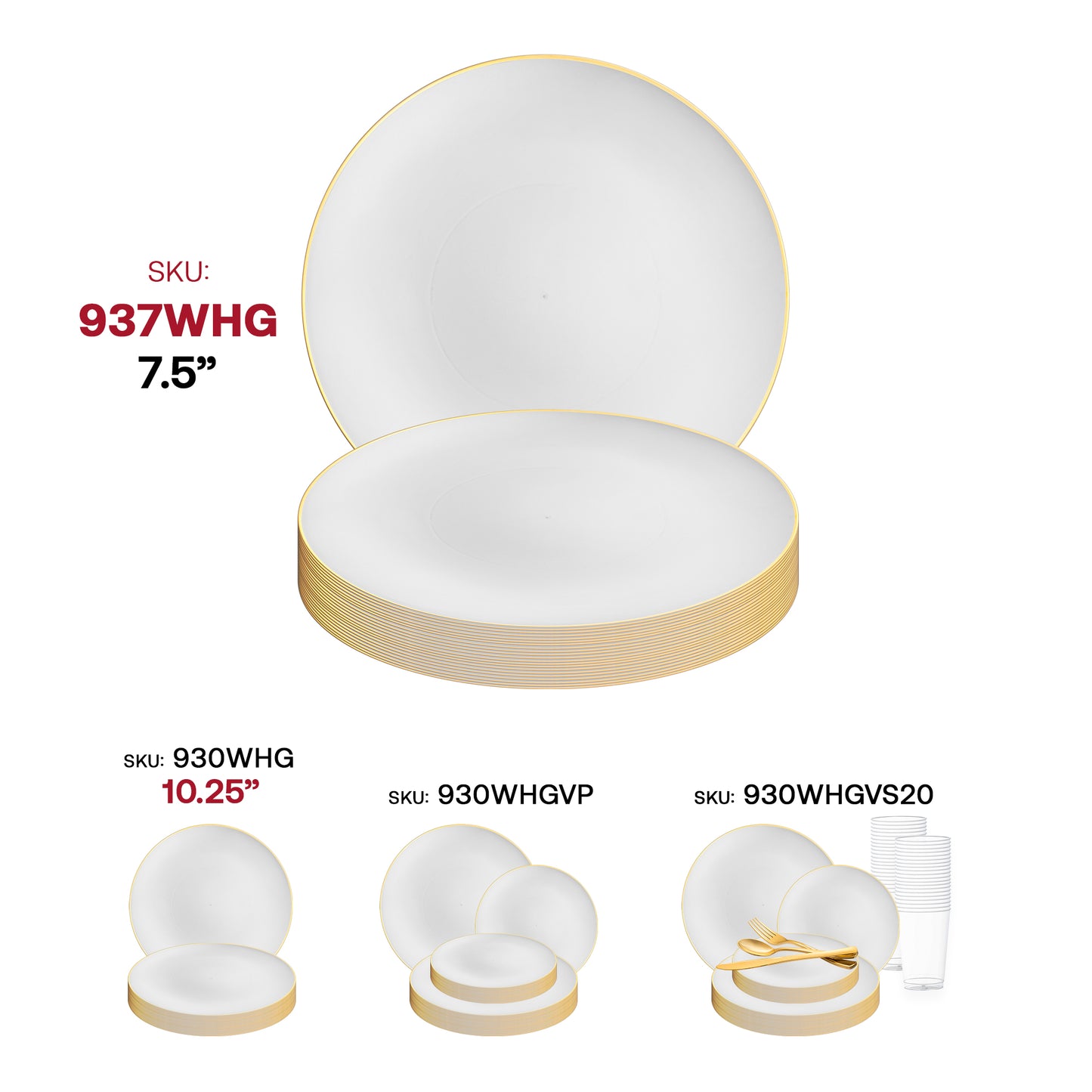 White with Gold Rim Organic Round Disposable Plastic Appetizer/Salad Plates (7.5") SKU | The Kaya Collection