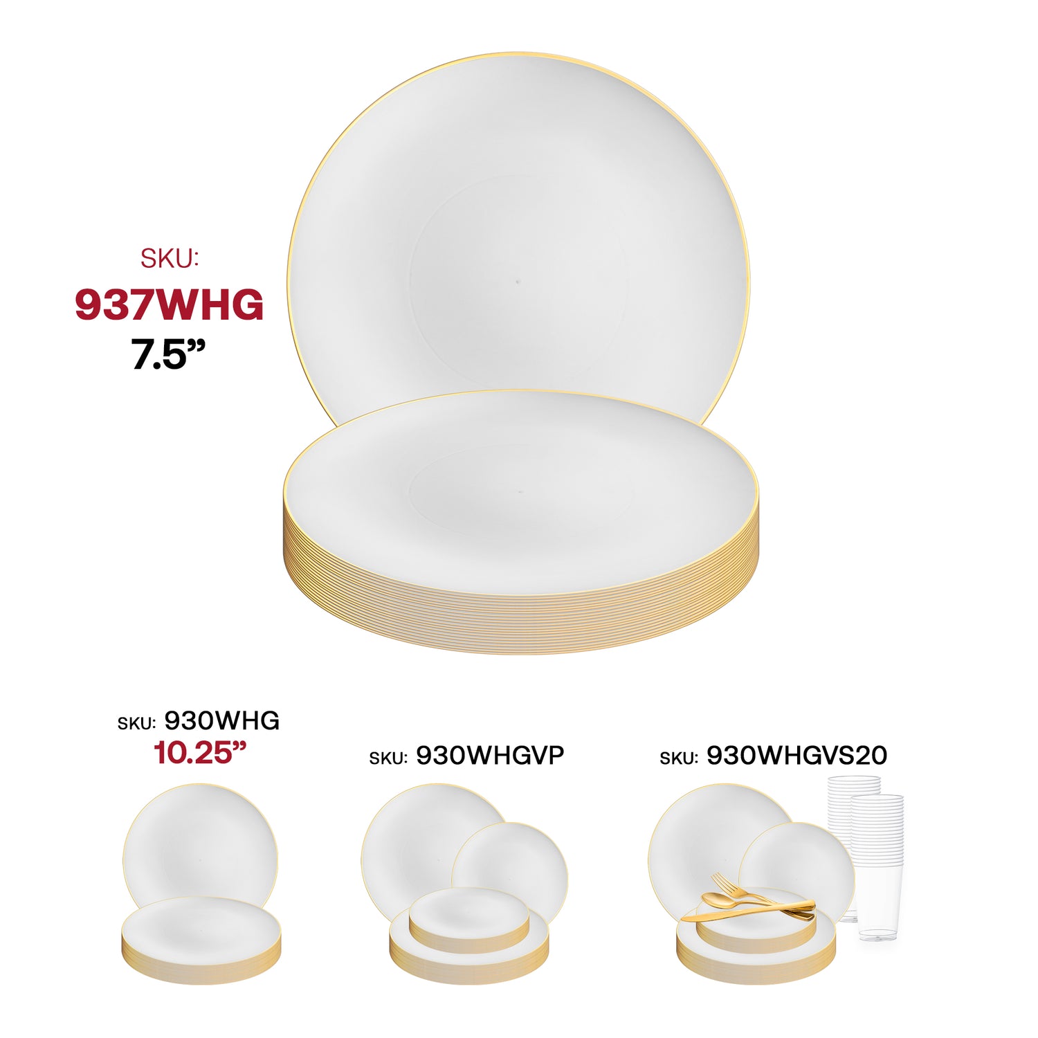 White with Gold Rim Organic Round Disposable Plastic Appetizer/Salad Plates (7.5") SKU | The Kaya Collection