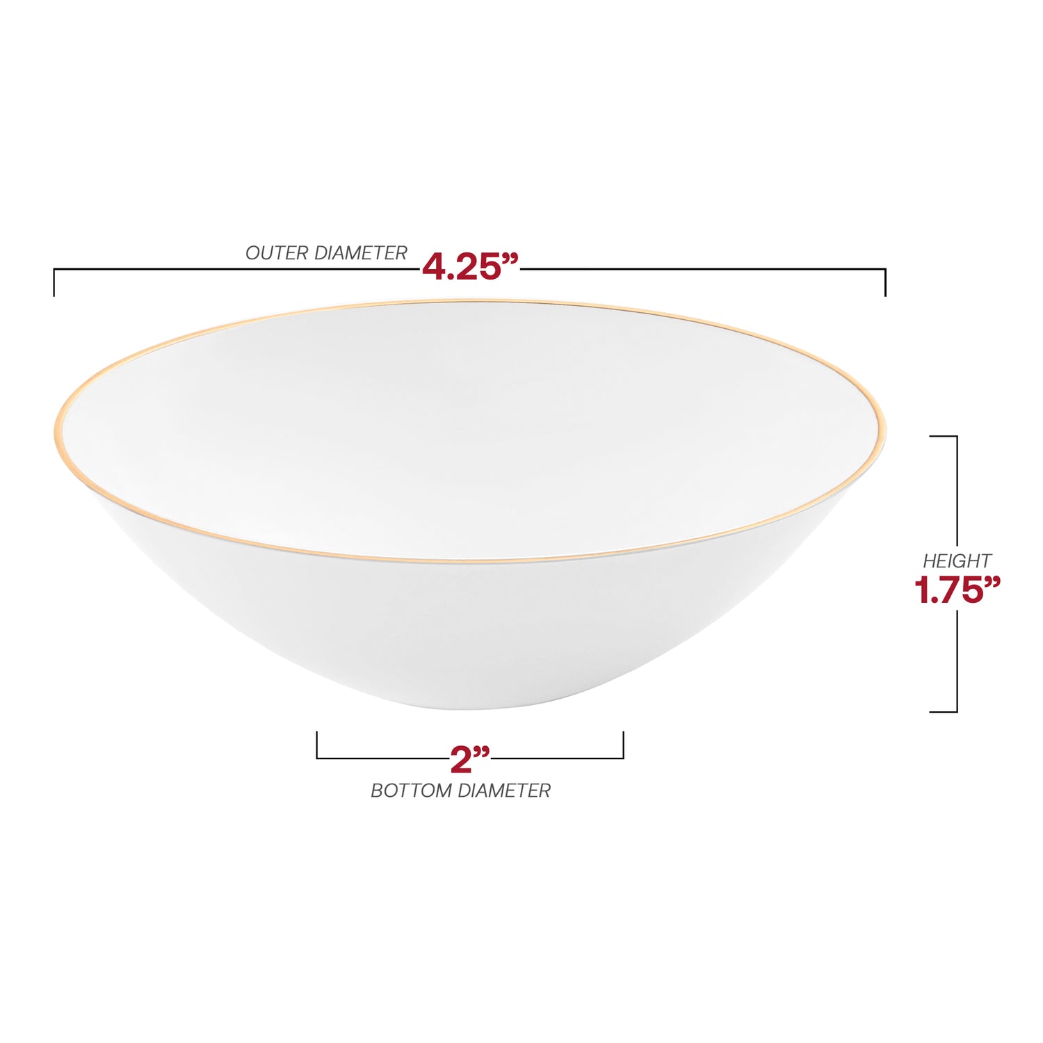 White with Gold Rim Organic Round Disposable Plastic Dessert Bowls (6 oz.) Dimension | Smarty Had A Party