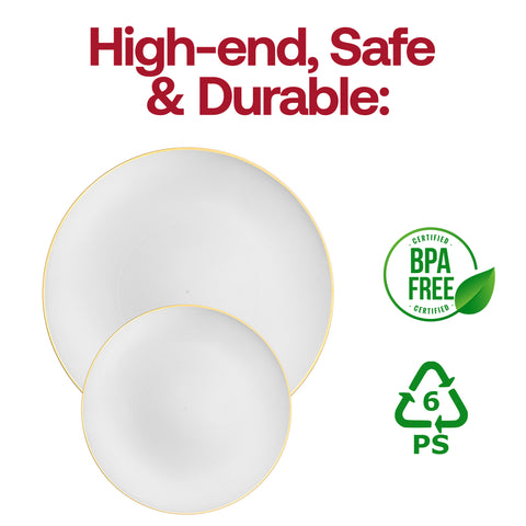 White with Gold Rim Organic Round Disposable Plastic Dinner Plates (10.25