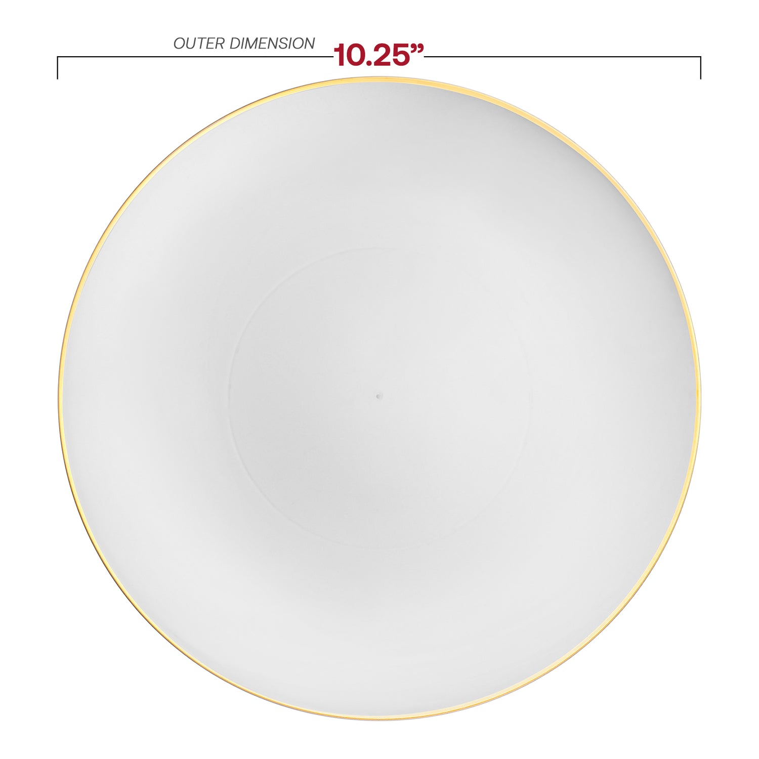 White with Gold Rim Organic Round Disposable Plastic Dinner Plates (10.25") Dimension | The Kaya Collection