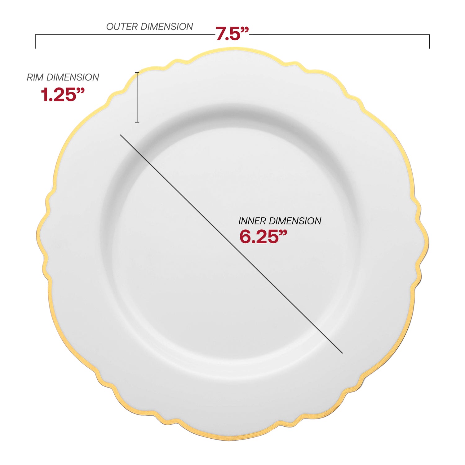 White with Gold Rim Round Blossom Disposable Plastic Appetizer/Salad Plates (7.5") Dimension | The Kaya Collection