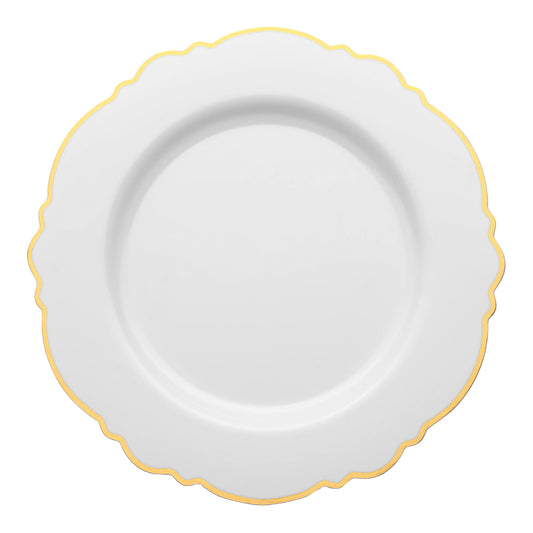 White with Gold Rim Round Blossom Disposable Plastic Appetizer/Salad Plates (7.5") | The Kaya Collection