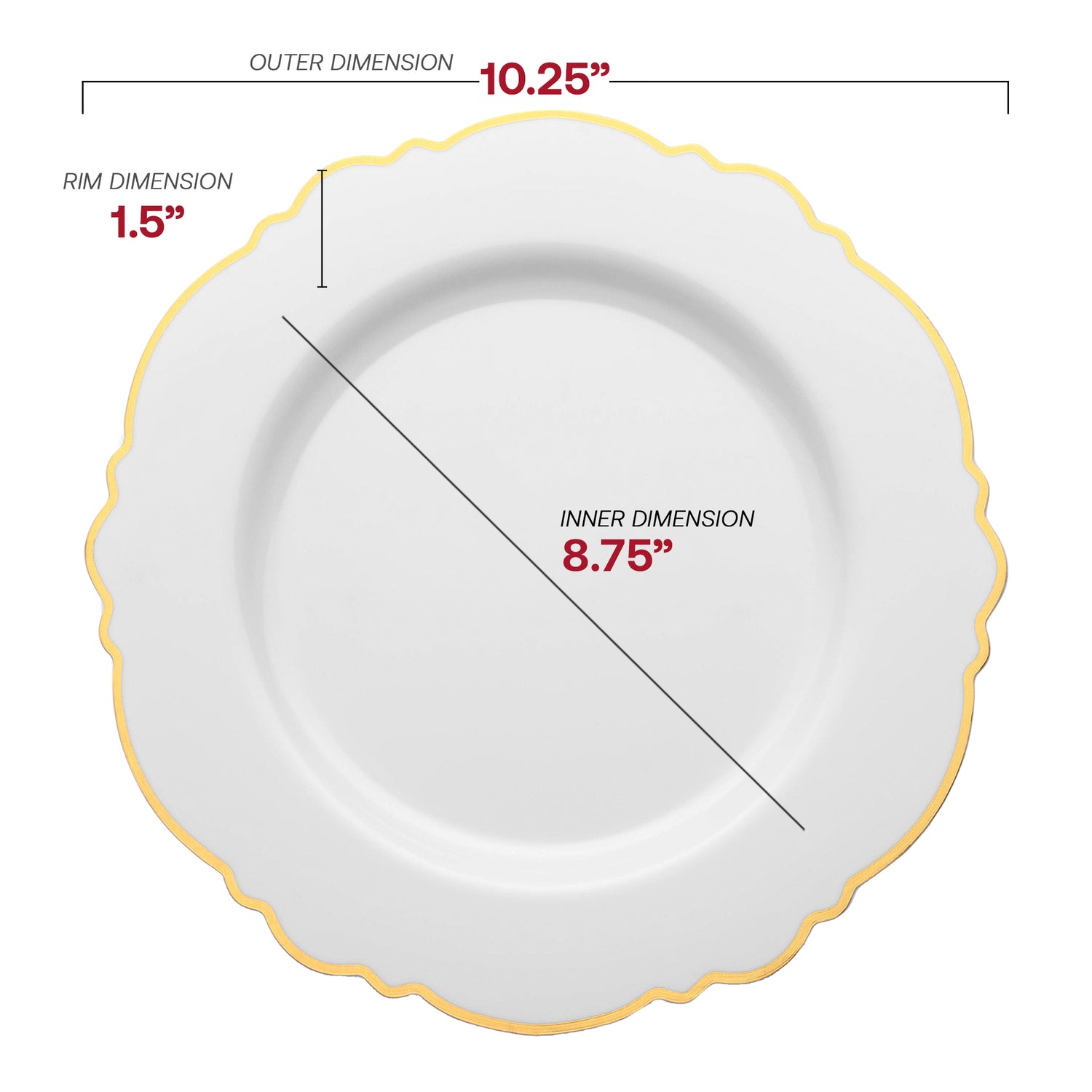 White with Gold Rim Round Blossom Disposable Plastic Dinner Plates (10.25") Dimension | The Kaya Collection